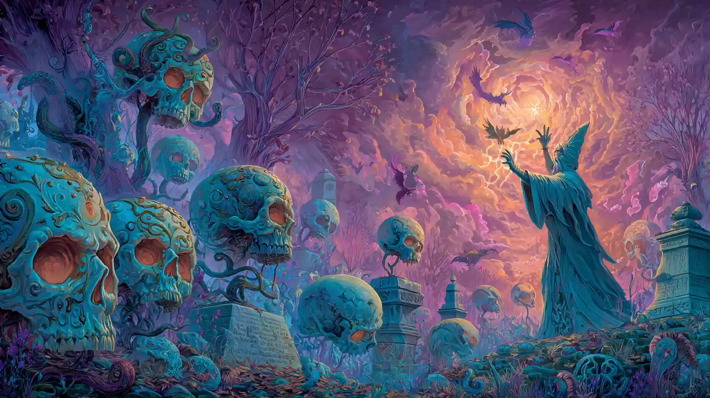 Baroque wizard conjuring magic in a moonlit cemetery