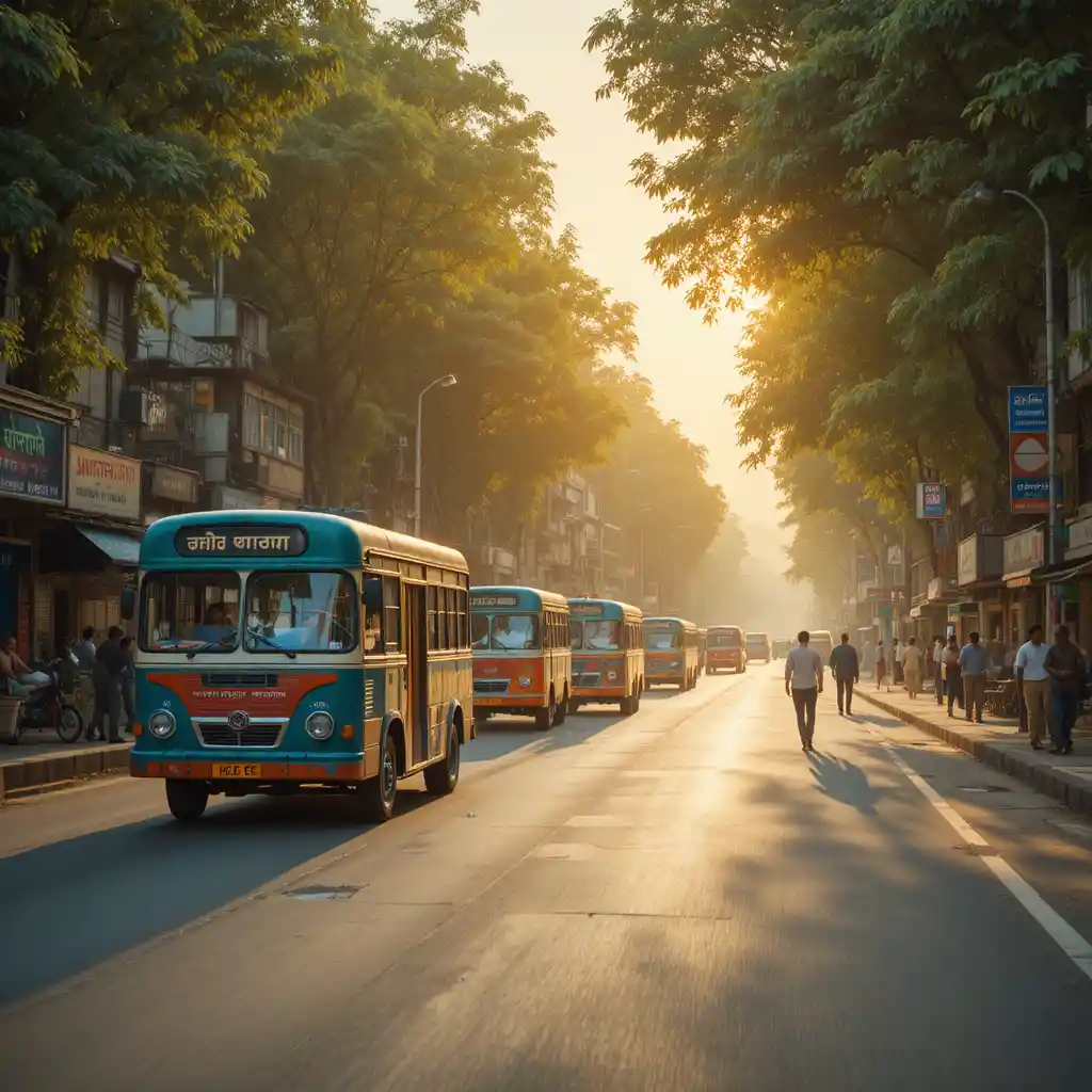 Indian city street with buses at warm golden hour