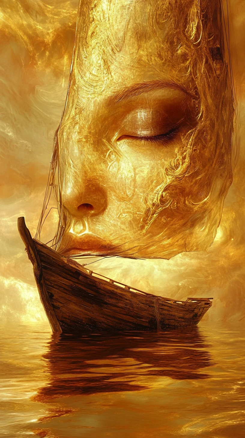 Velero brillante surrealista que se fusiona con un rostro humano