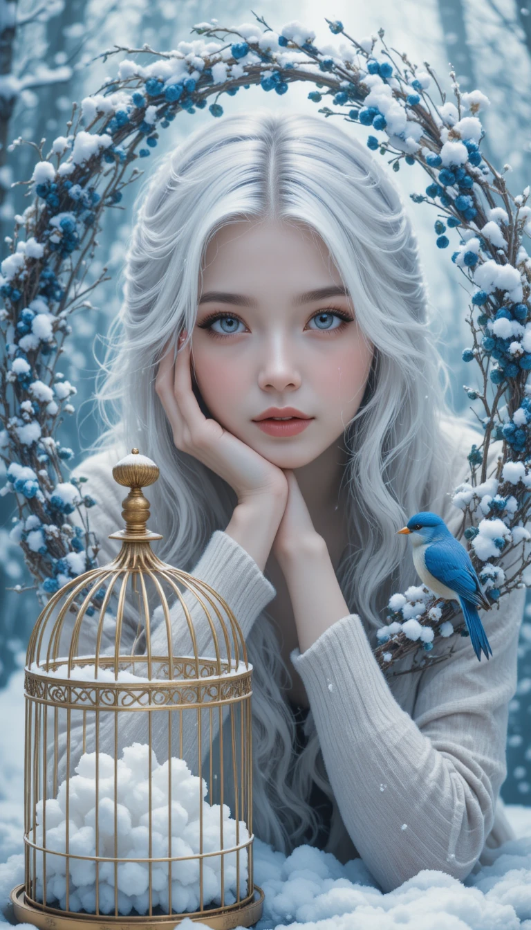 Winter girl with white hair and snow covered wreath