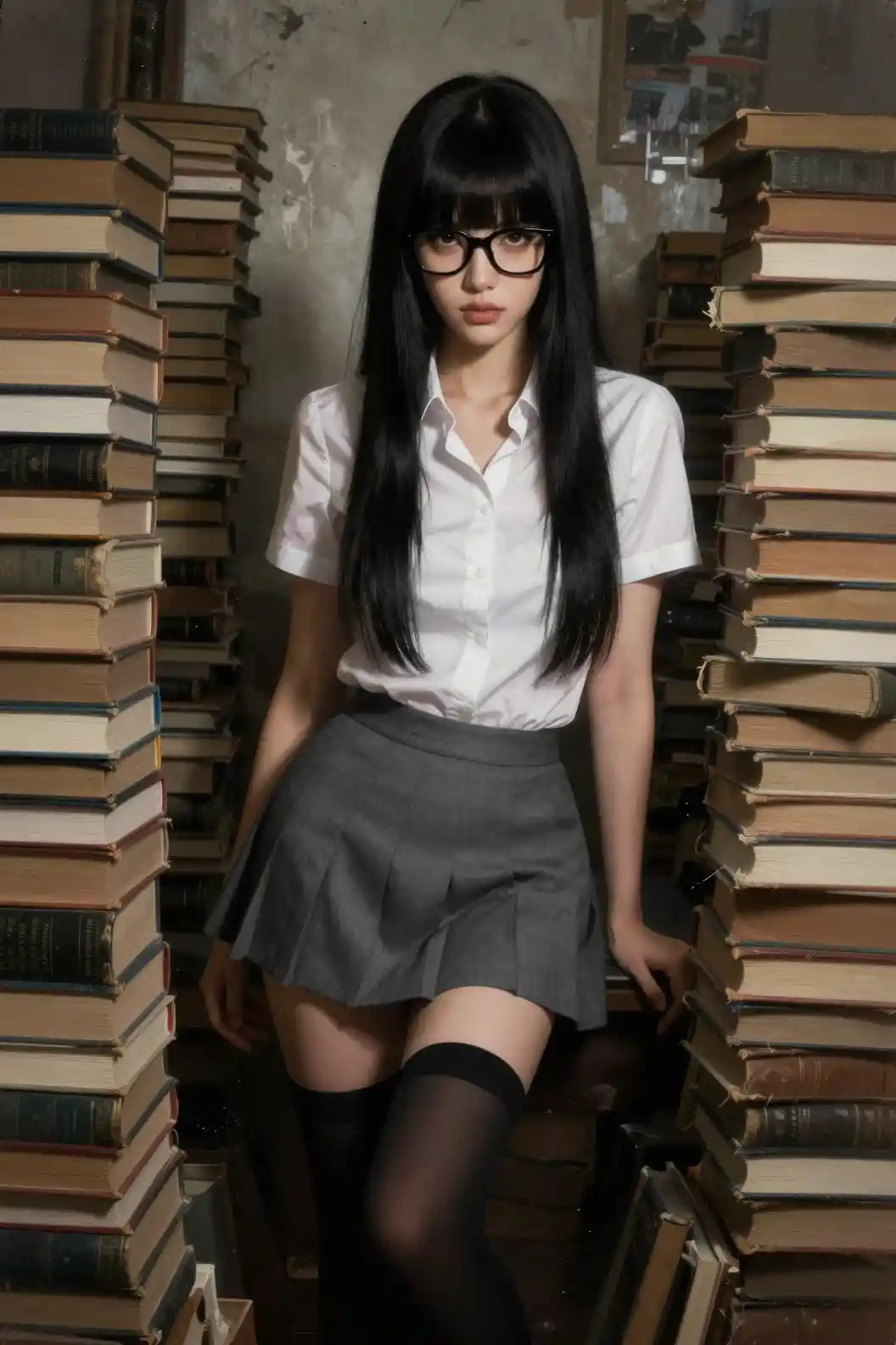 Focused woman standing between towering stacks of old books