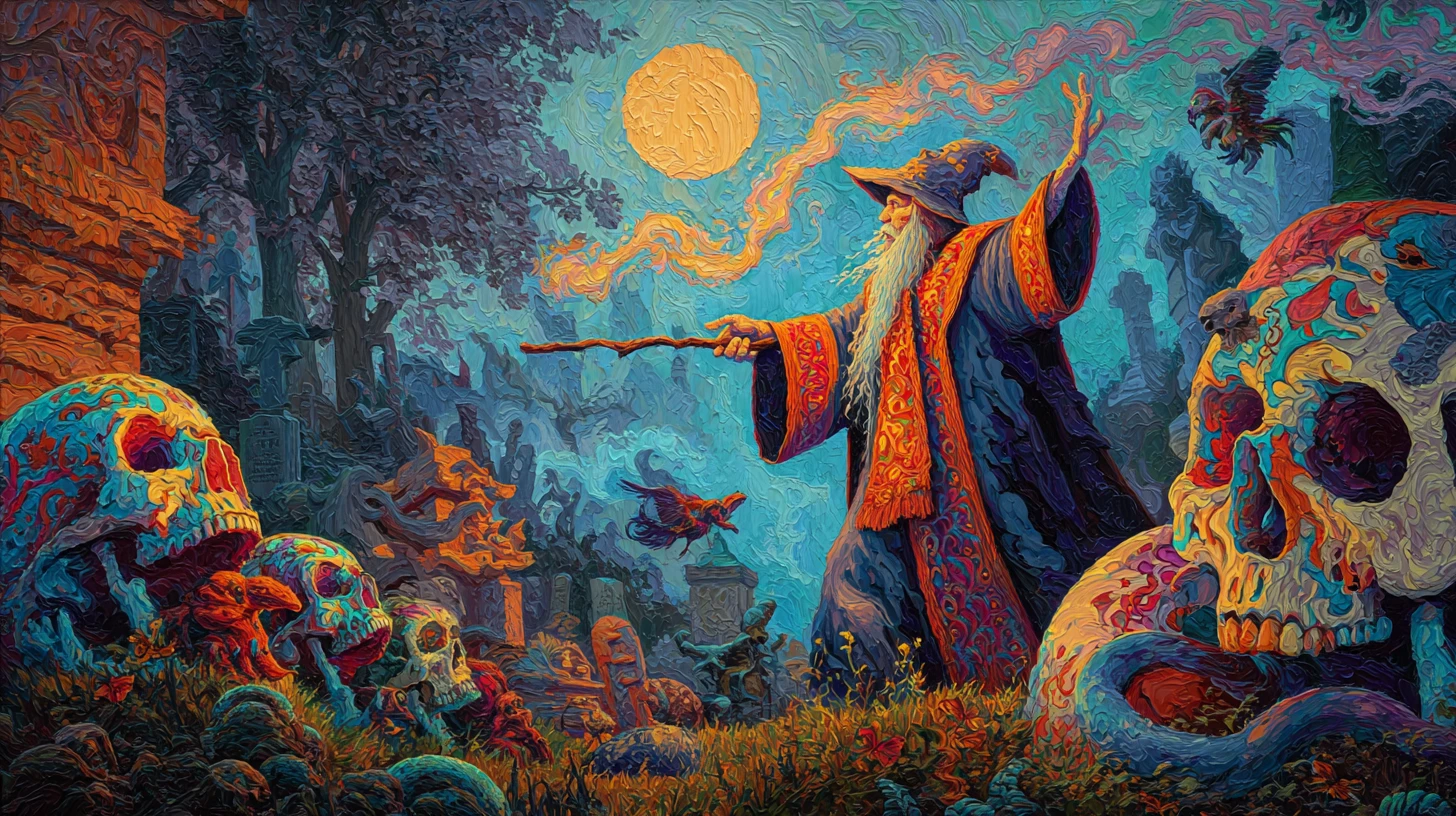 Mago barroco conjurando caveiras em um cemitério ao luar