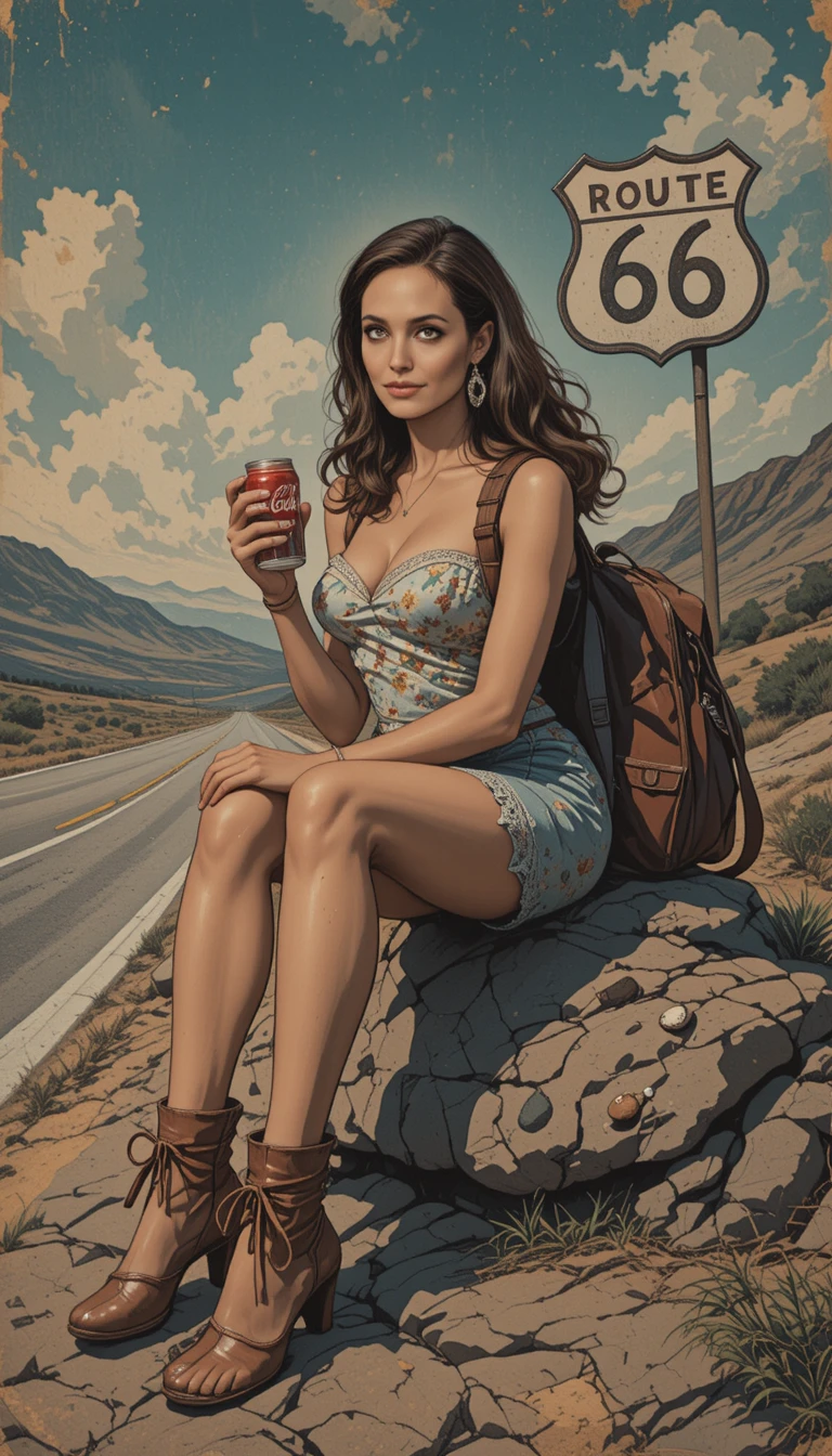 Young girl hitchhiking by Route 66 with retro soda can