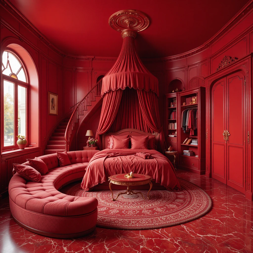 Lussuosa camera da letto rossa con letto rotondo a baldacchino e scivolo