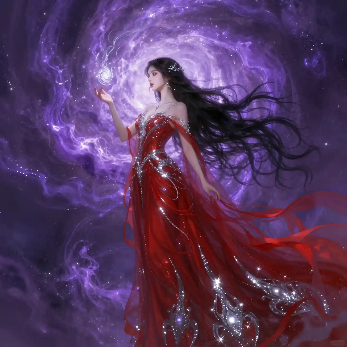 Beautiful magical woman in a swirling colorful gown