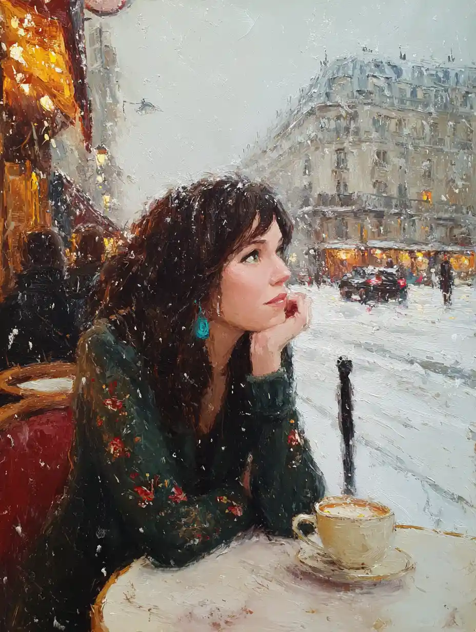 雪の降るパリのカフェで物思いにふける若い女性