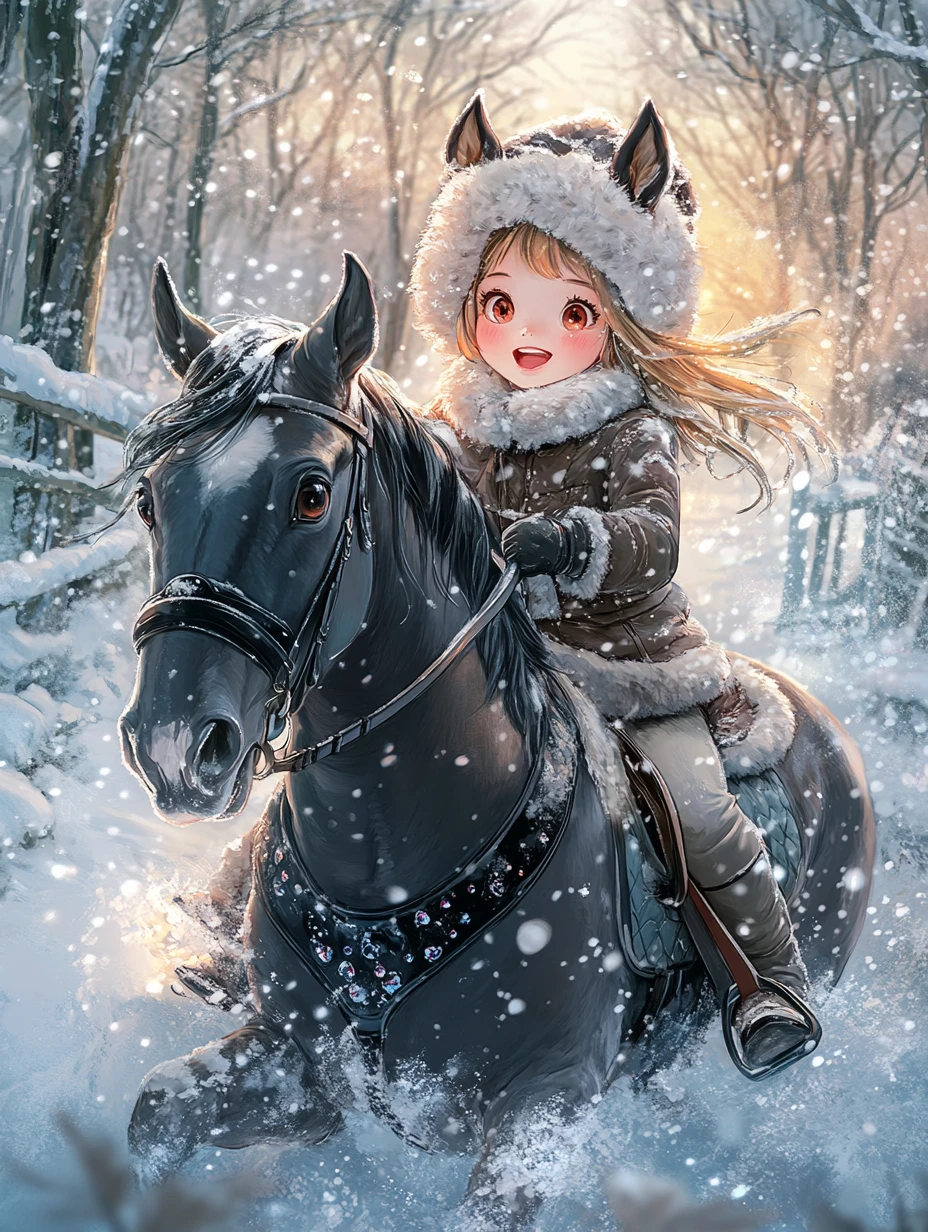 Ragazza che cavalca un cavallo scuro in una foresta invernale innevata
