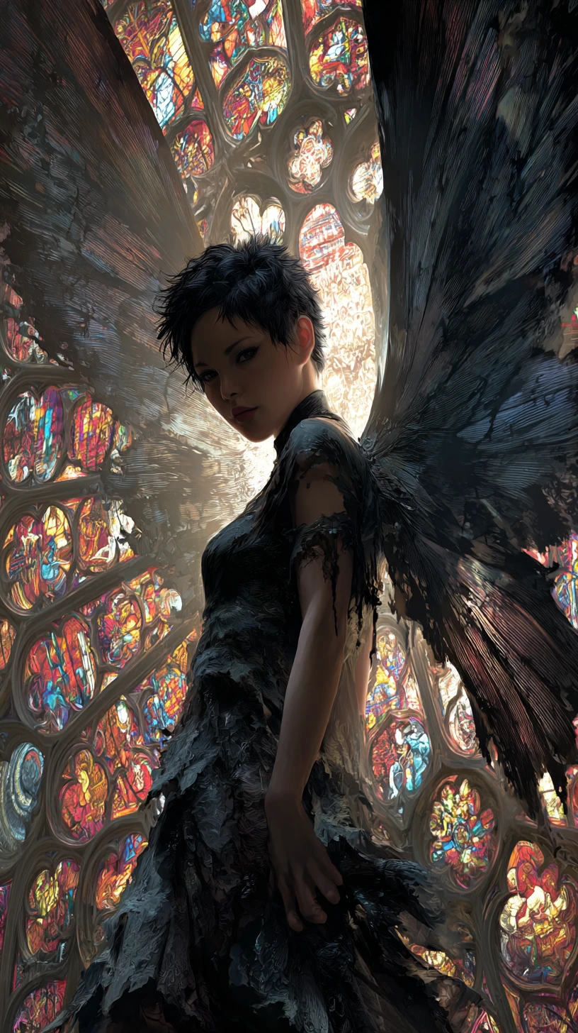 Gothic angel girl glowing before ruined stained glass