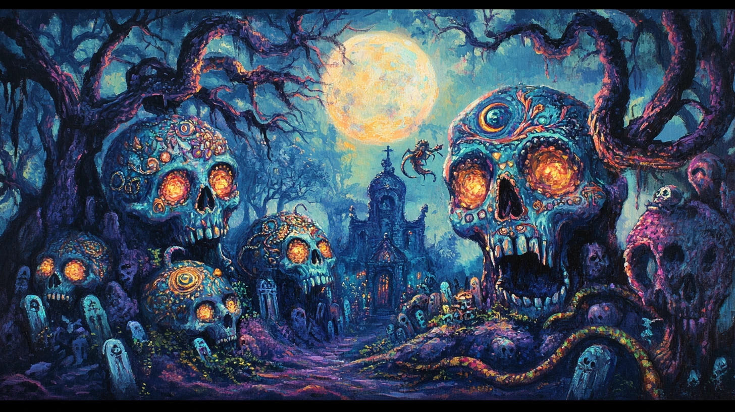 Baroque wizard animating skulls in a moonlit cemetery