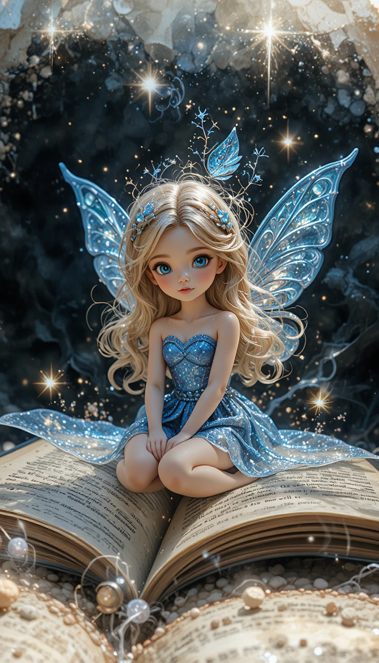 Tiny blonde fairy sitting on a glowing magical book