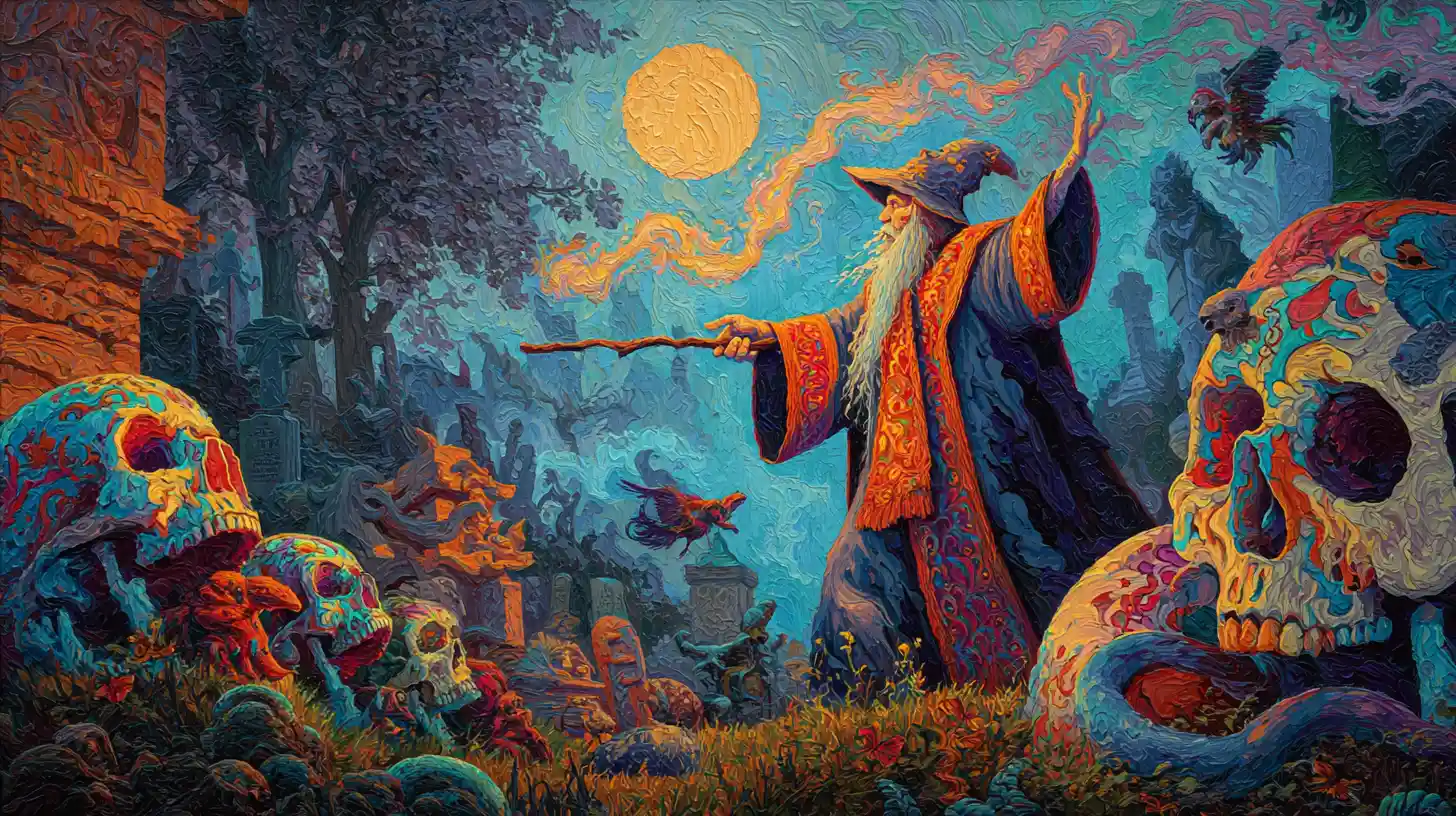 Mago barroco conjurando caveiras em um cemitério ao luar