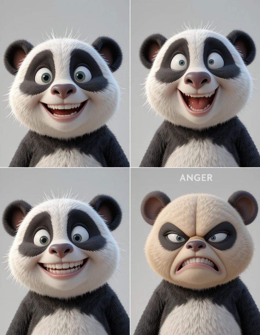 네 가지 다른 감정을 보여주는 귀여운 3D 카툰 판다