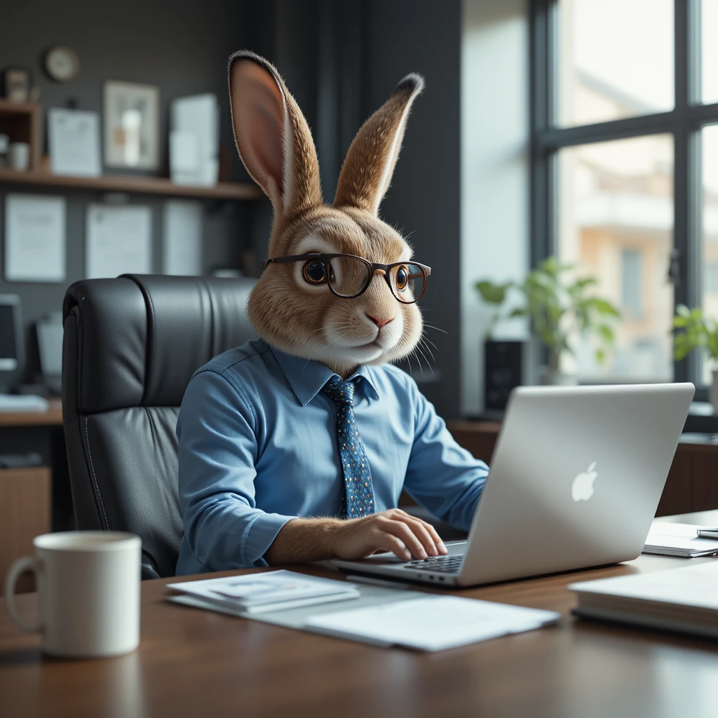 Anthropomorphic rabbit typing on a laptop in a modern office