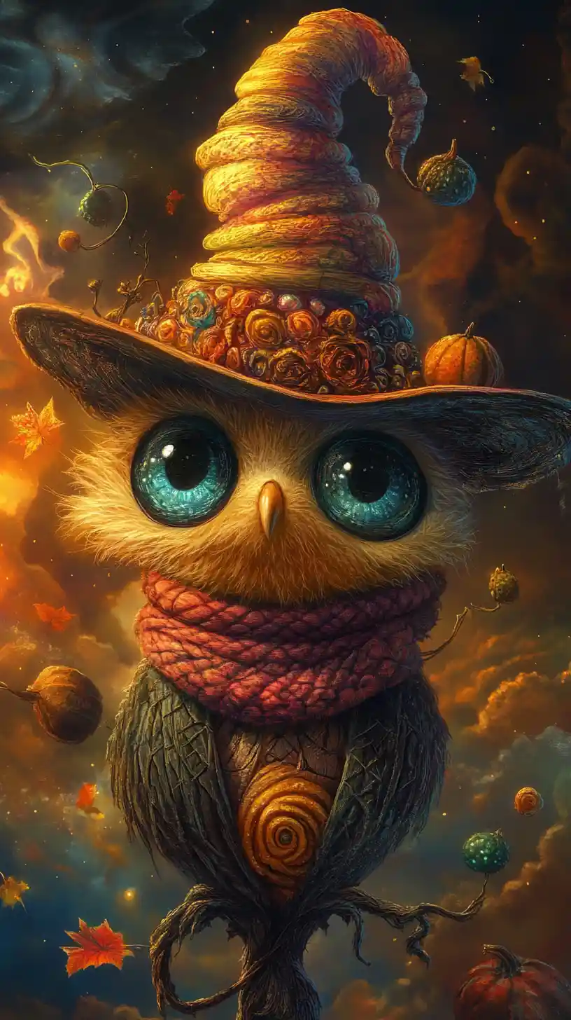 Whimsical wizard creature in a colorful halloween fantasy scene
