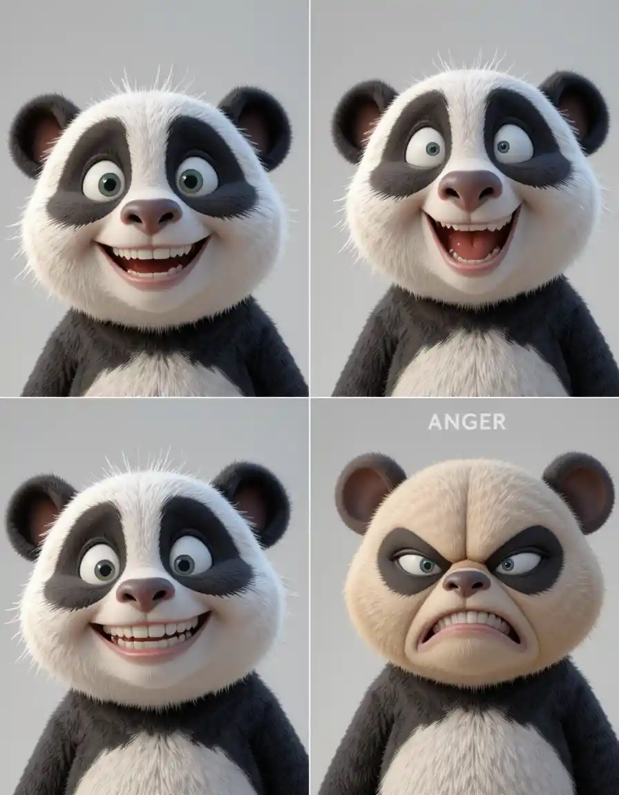 Cute 3D cartoon panda showing four different emotions