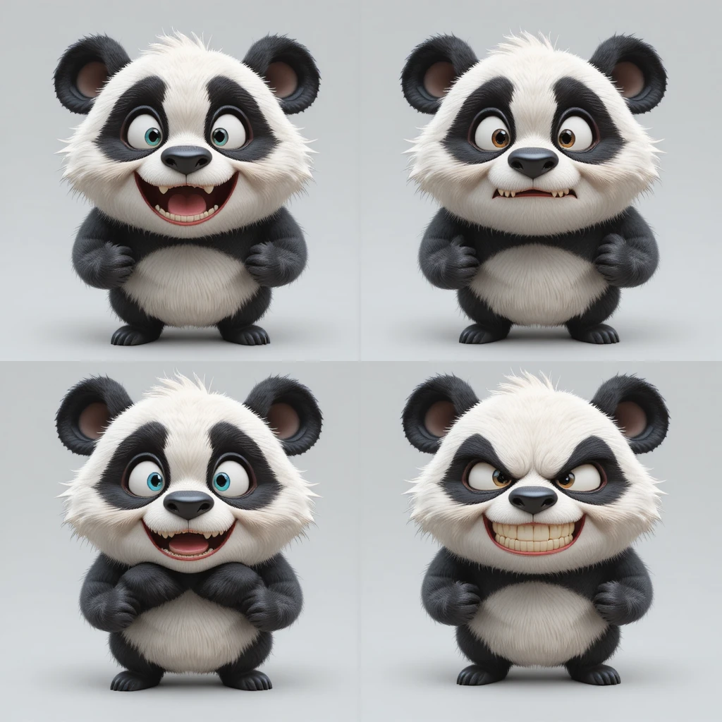 Cute 3D cartoon panda showing four expressive emotions