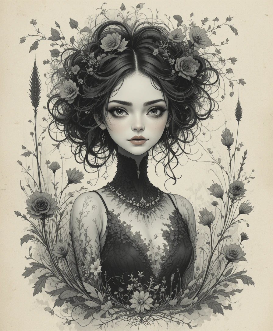 Gothic botanical fairytale illustration in muted gray tones