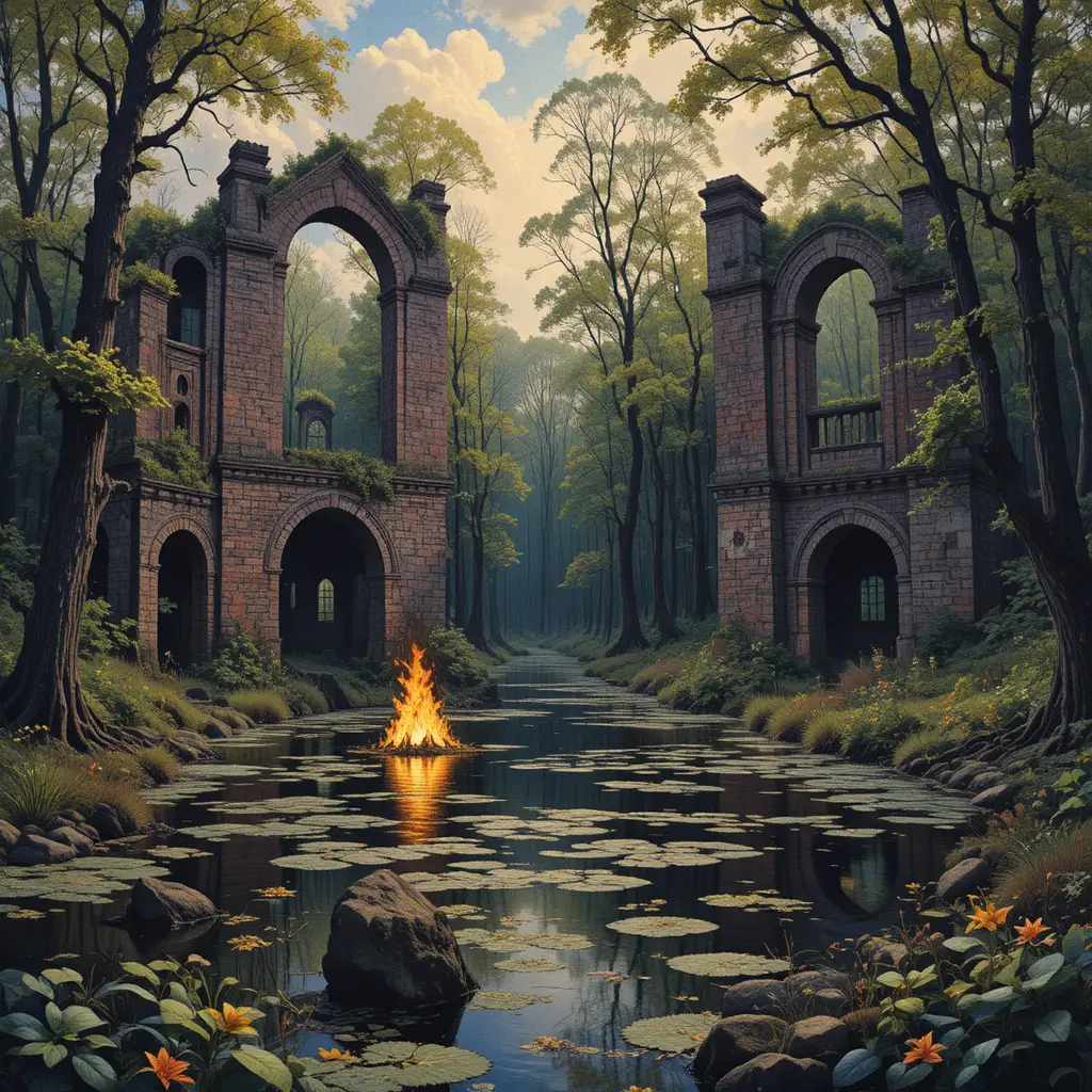 Impressionist ruins by a swamp lake with burning foliage