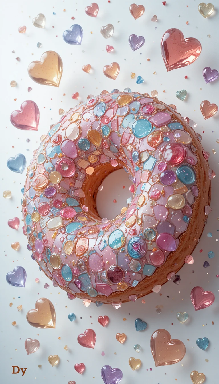 Flying pastel donut made of shiny glass pieces