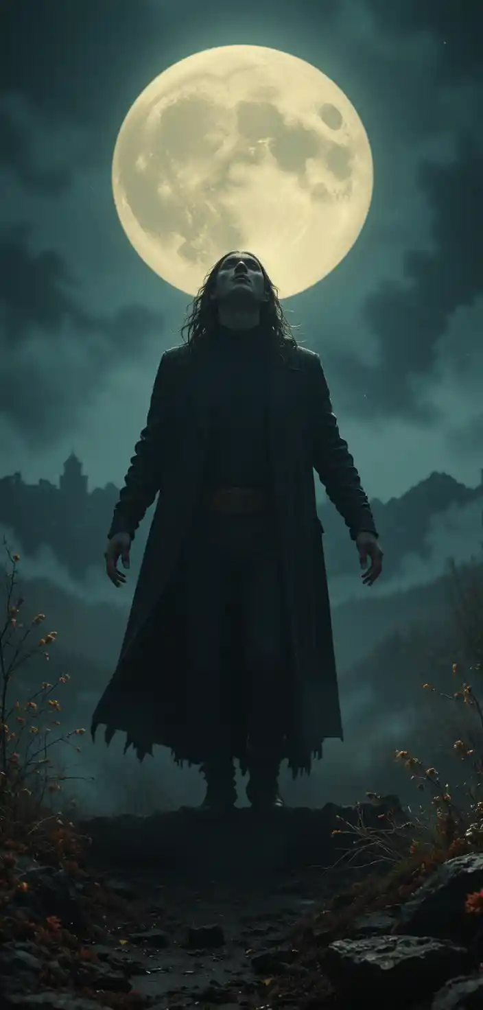 Cinematic wide night scene with dramatic moon backlight