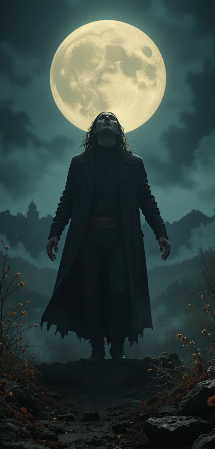 Cinematic wide night scene with dramatic moon backlight