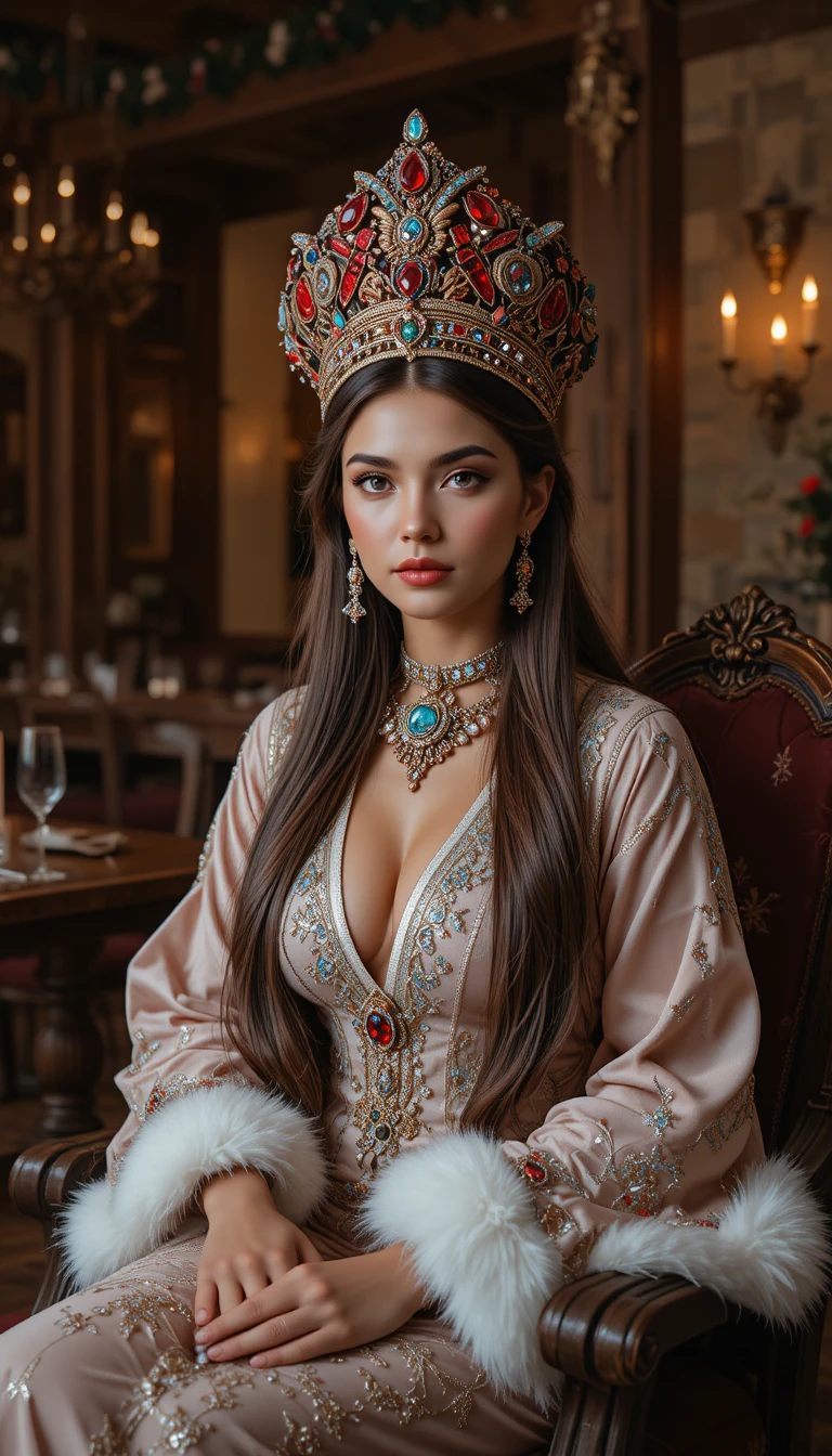 Regale donna slava con kokoshnik in ristorante rustico festivo