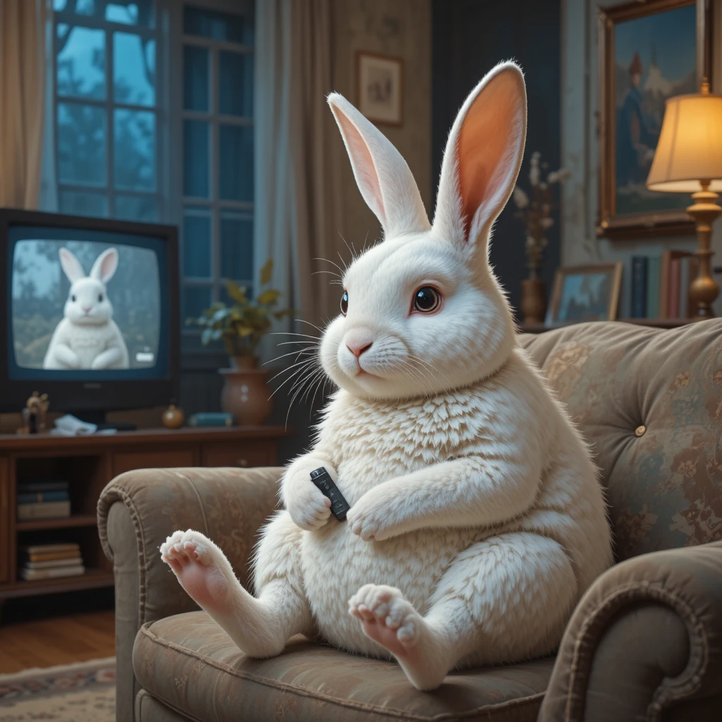 Coelho branco gordinho assistindo televisão no sofá