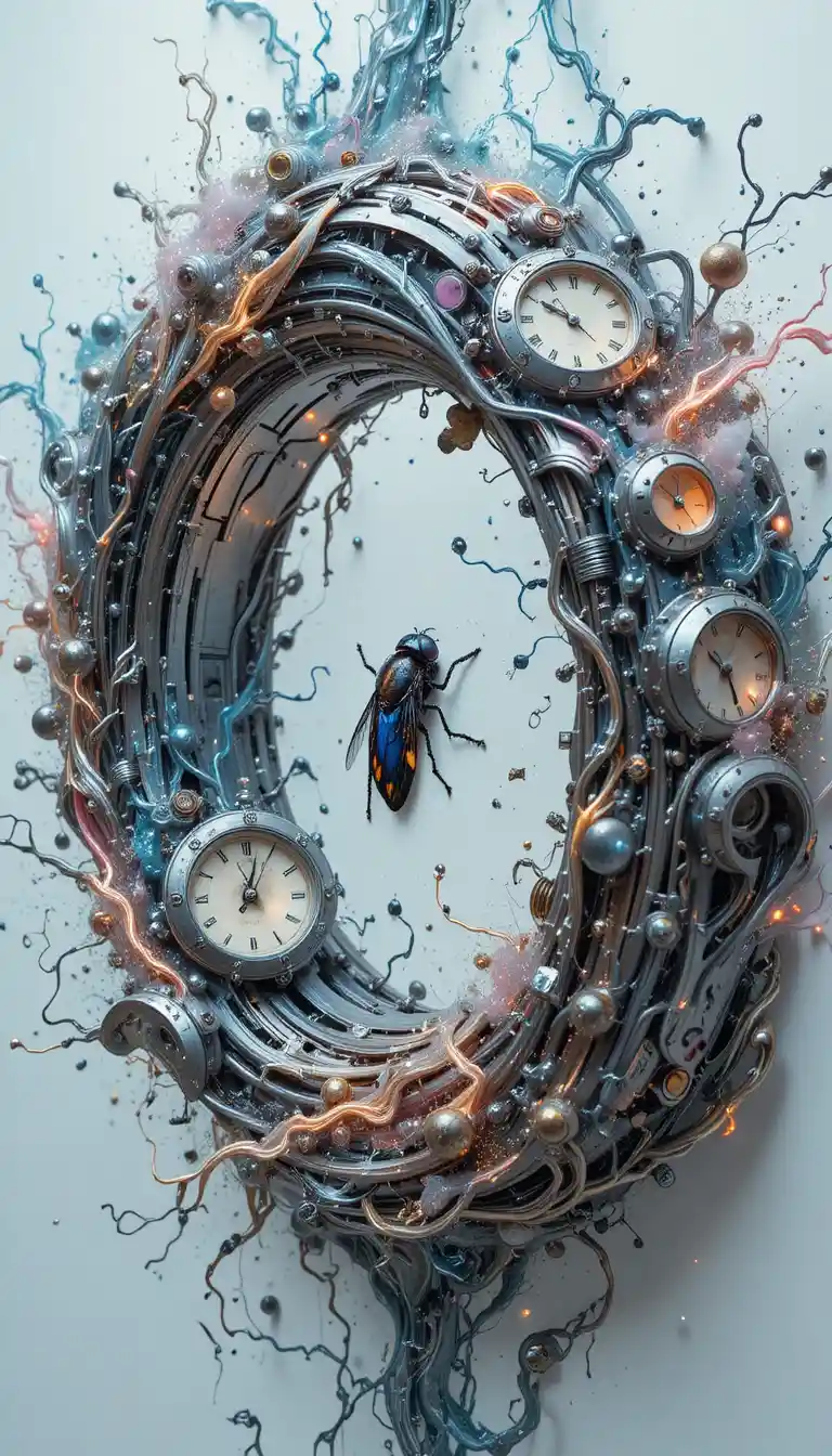 Neo futurist metallic clock ring in surreal abstract space