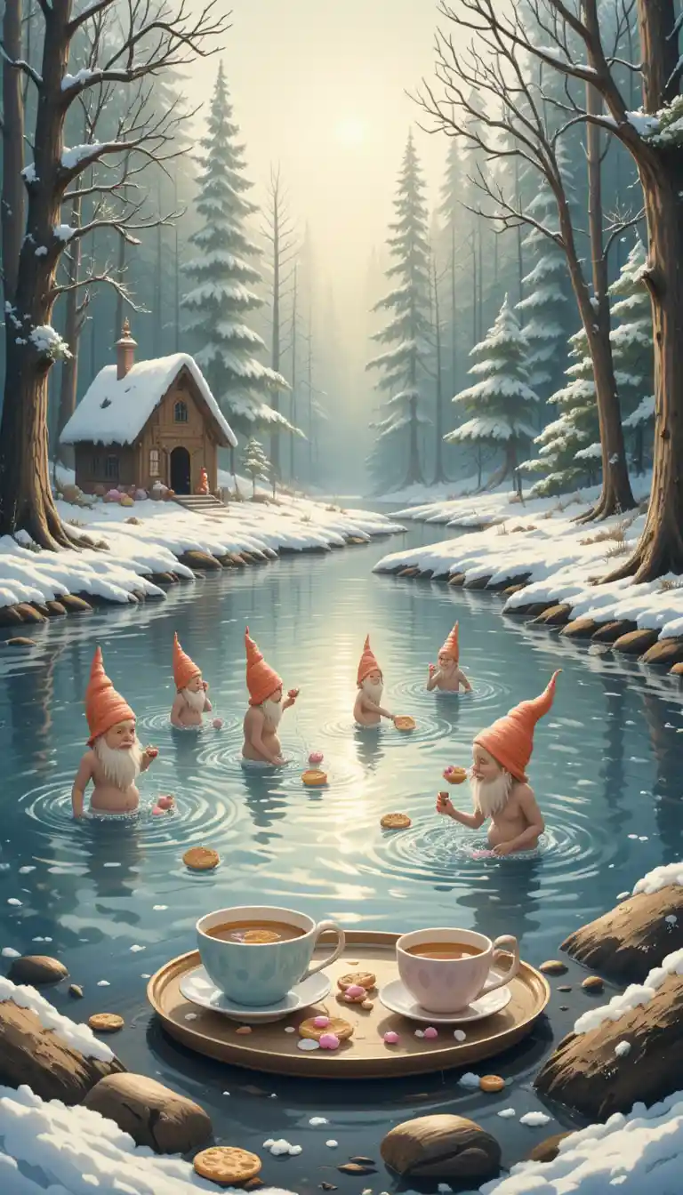 Lac forestier hivernal chaleureux avec gnomes de bain et thé