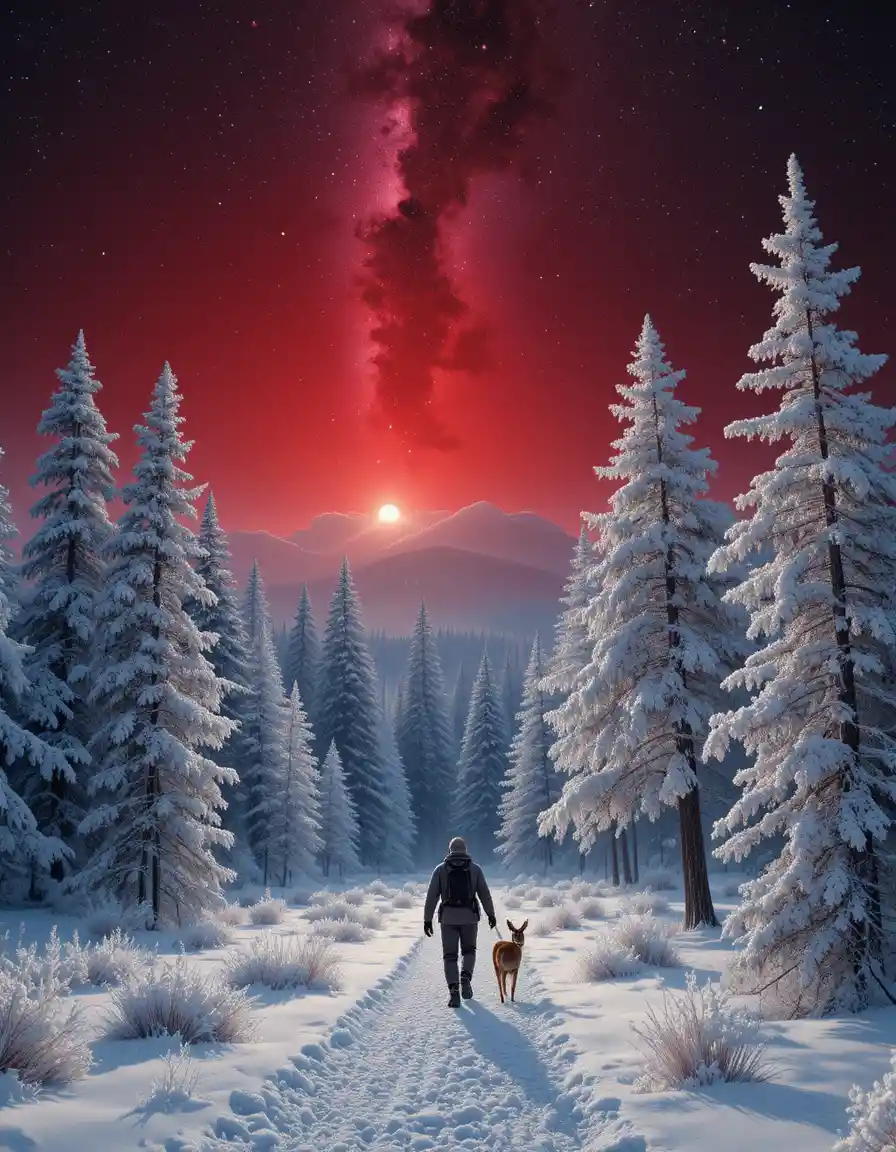 Hunter and dog crossing snowy forest under crimson sky