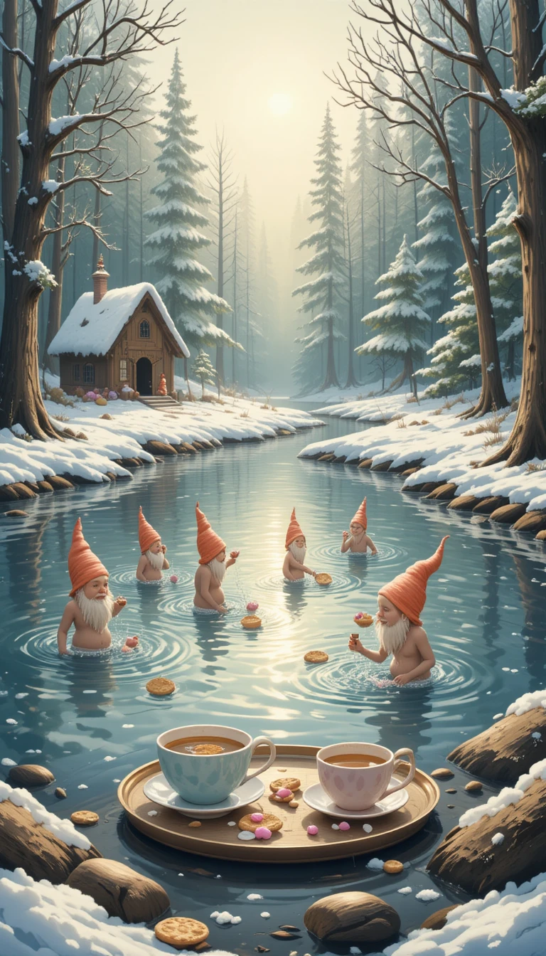 Lac forestier hivernal chaleureux avec gnomes de bain et thé