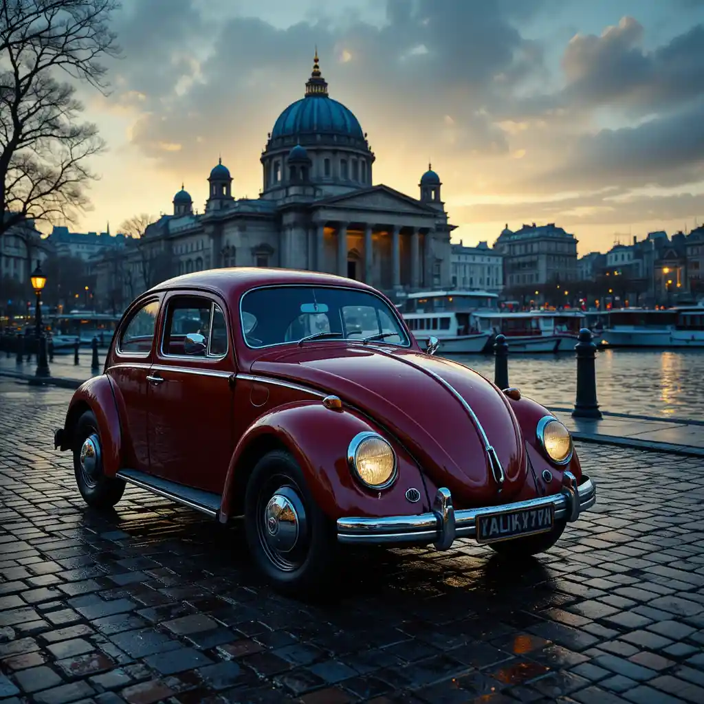 Carro vermelho vintage em rua molhada à beira do rio em Berlim ao anoitecer