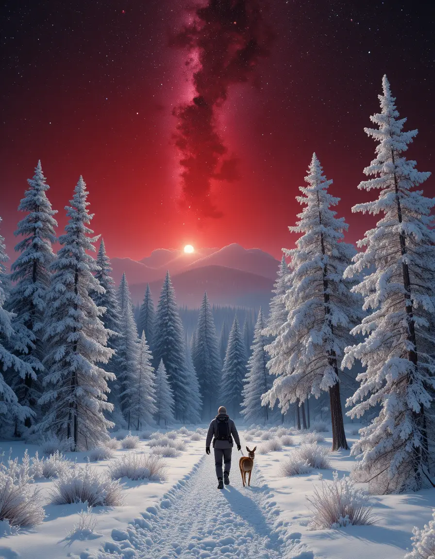 獵人與狗在深紅天空下穿越雪森林