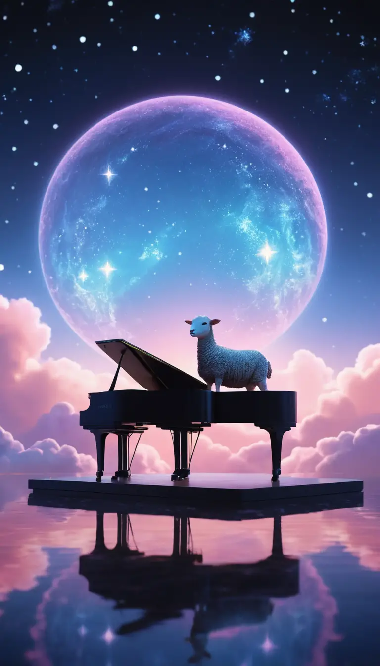 Luminous lamb on a floating crystal platform in pastel sky