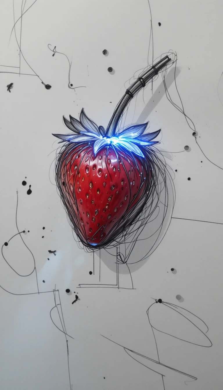 Minimal line drawing of a strawberry touching glossy lips