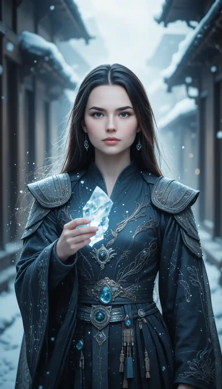 雪中古城街道上的冰系修行女戰士