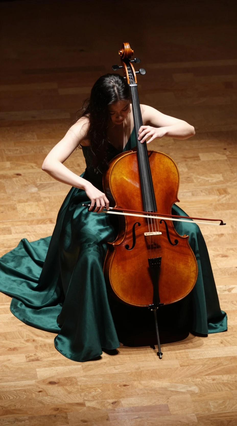 Female cellist in spotlight on wooden concert stage