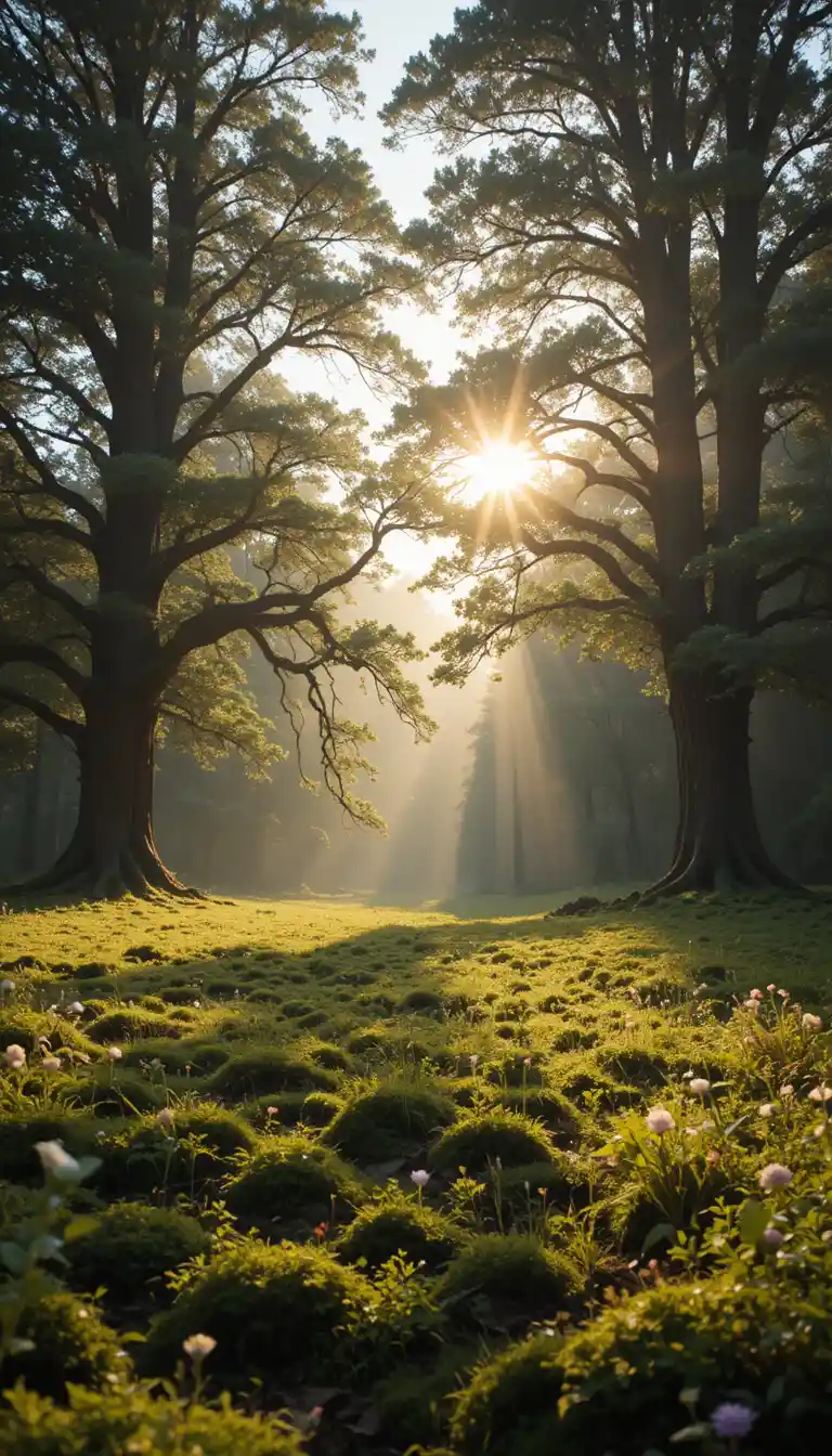 Serene Forest Clearing Bathed In Warm Golden Sunlight