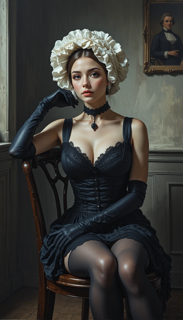 Donna gotica con corsetto seduta in una stanza vintage
