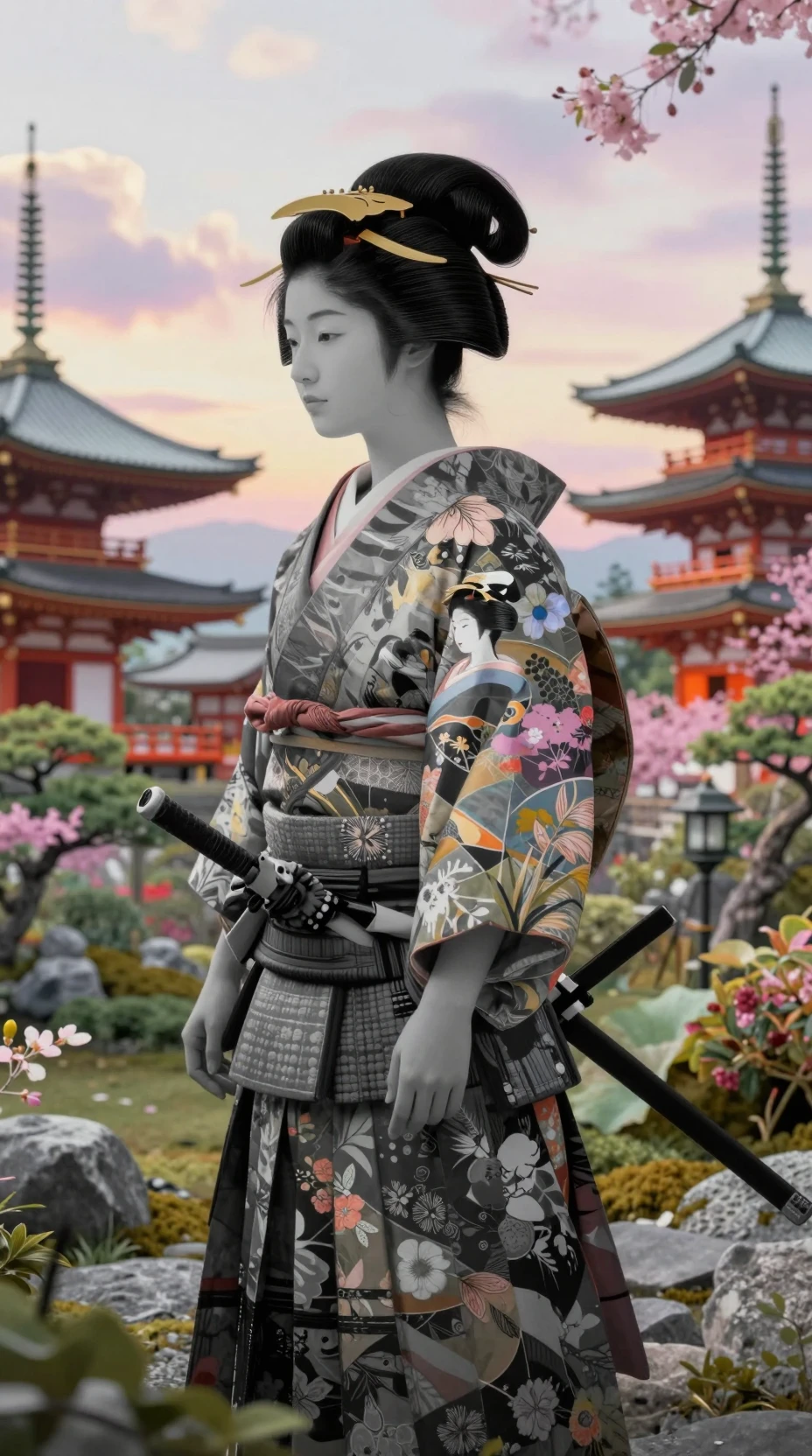 Perfil de samurai em tons de cinza com dupla exposição de gueixa