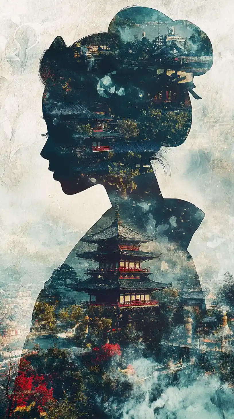 Serene geisha profile with surreal double exposure shogun scene