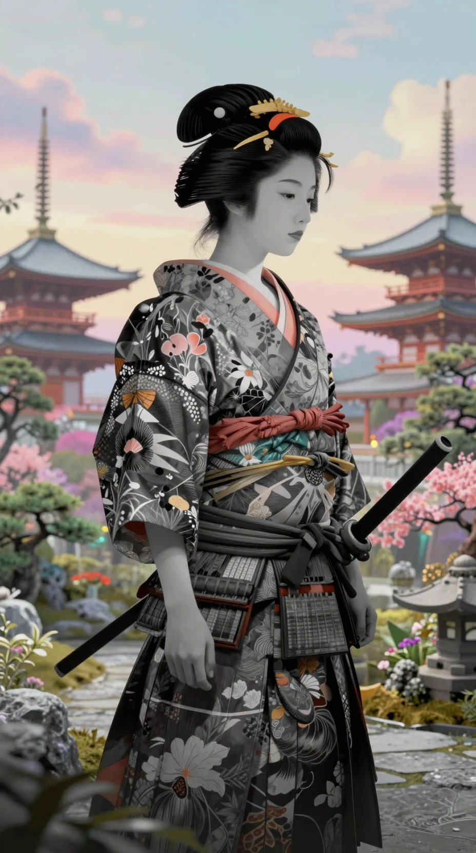 Silhueta de samurai em tons de cinza com gueixa em dupla exposição