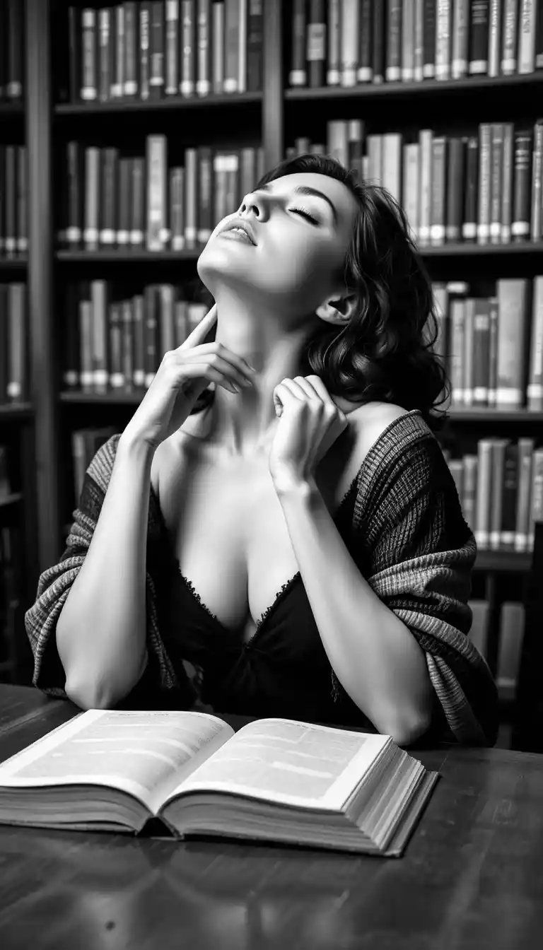 Woman in a library caught in a dramatic reflective pause