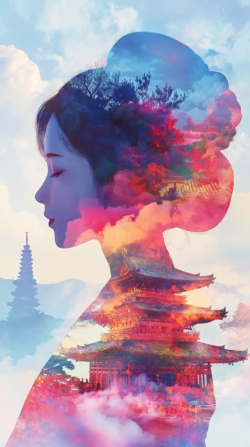 Surreal double exposure geisha in a vivid dreamlike garden