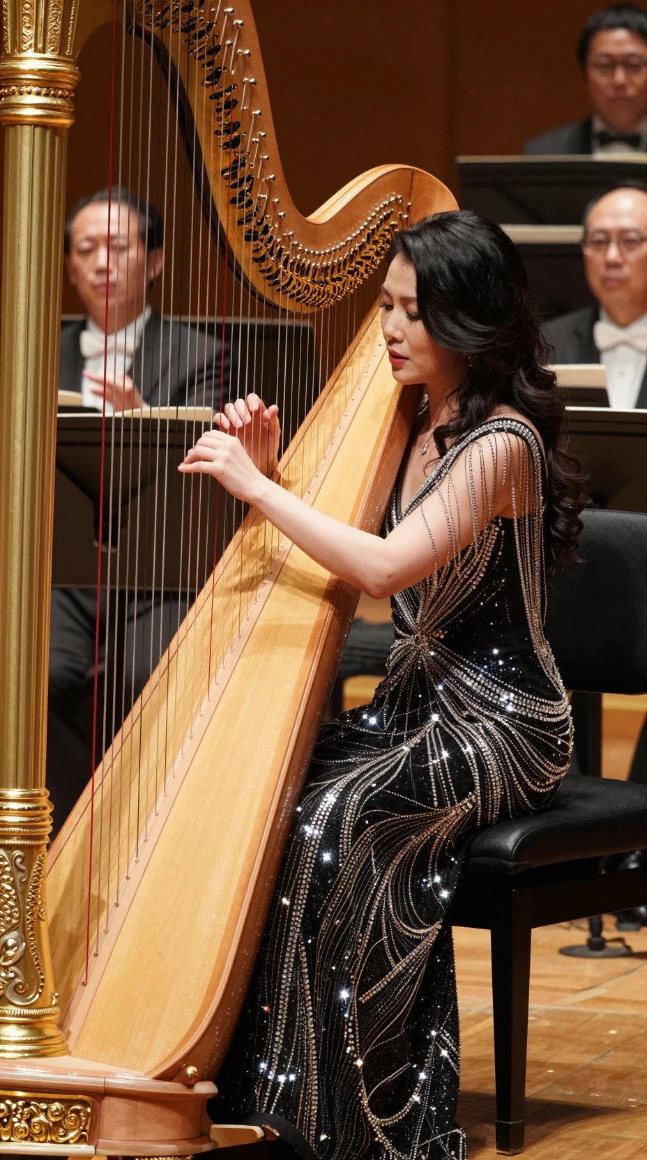 Glamorous harpist performing on stage in a golden concert hall