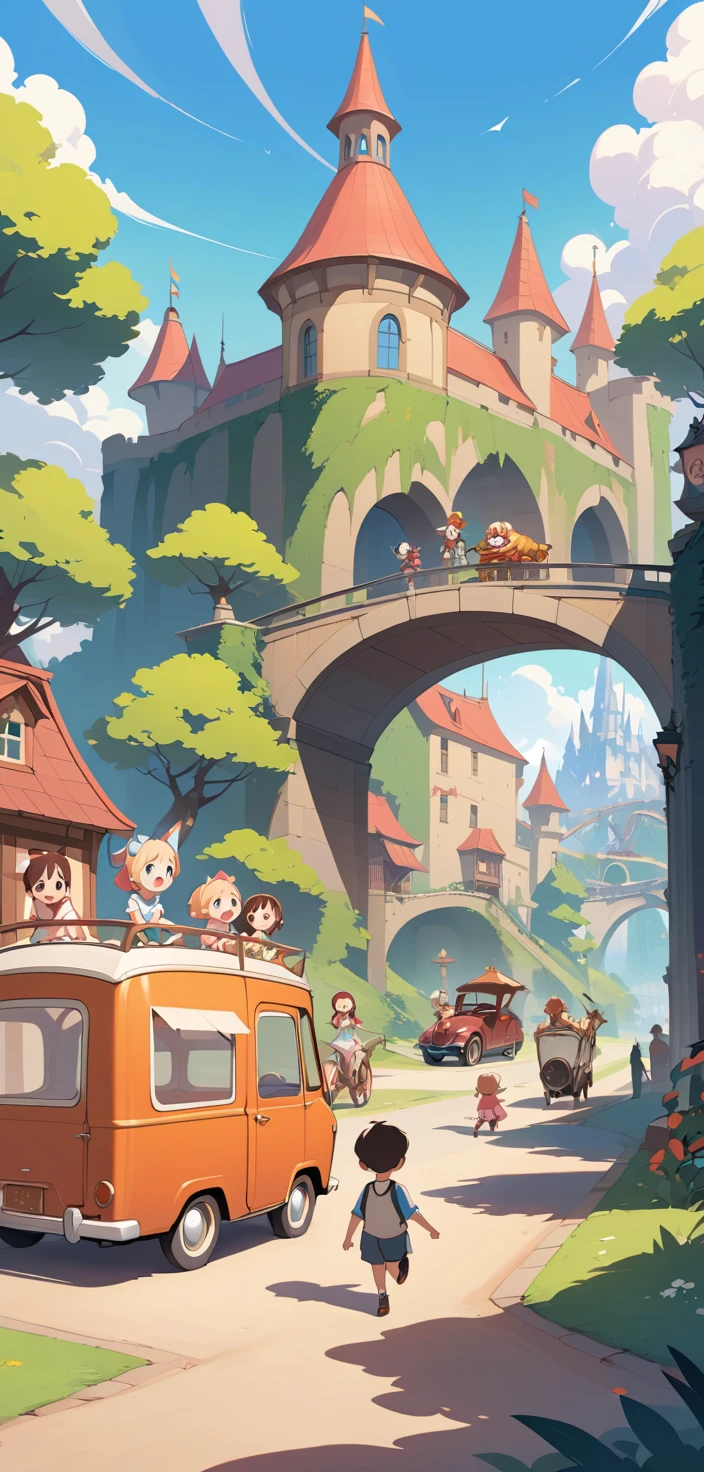 カラフルな遊園地で楽しむ家族のイラスト