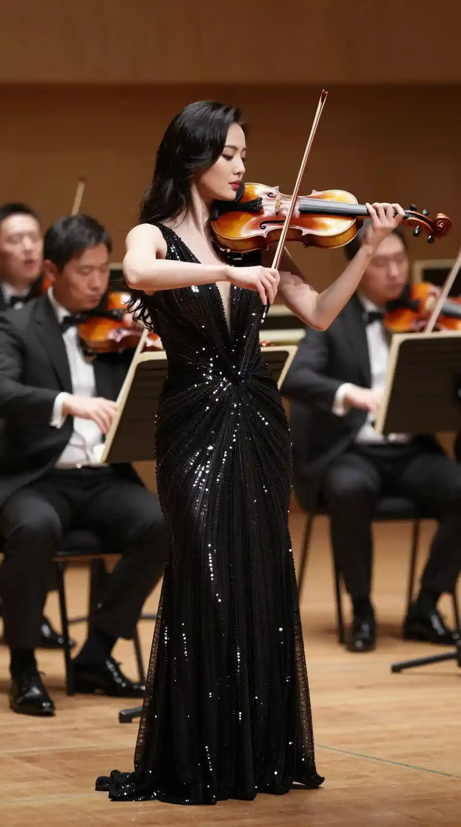 Glamorous violinist performing on a dramatic concert stage