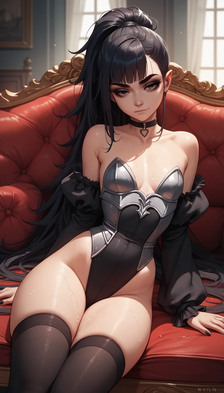 Tall anime woman in demonic leotard on royal couch