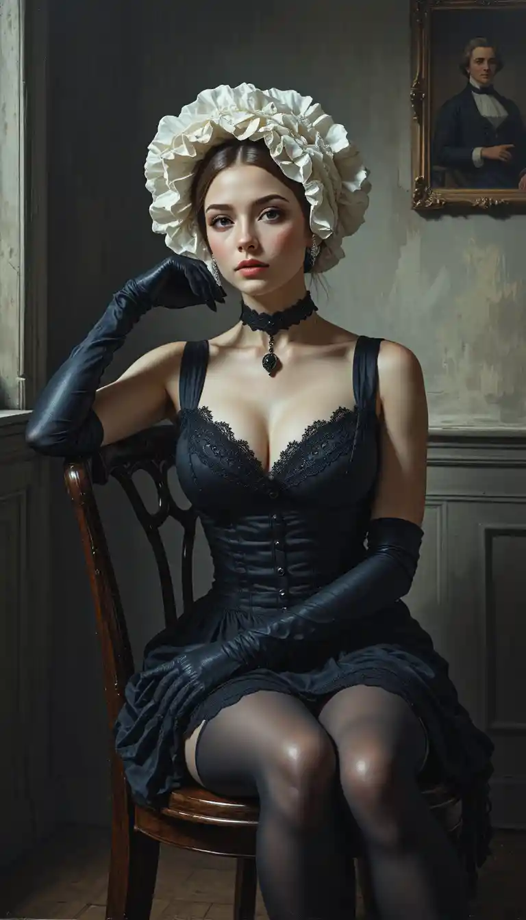 Gothic woman in corset seated in a vintage room
