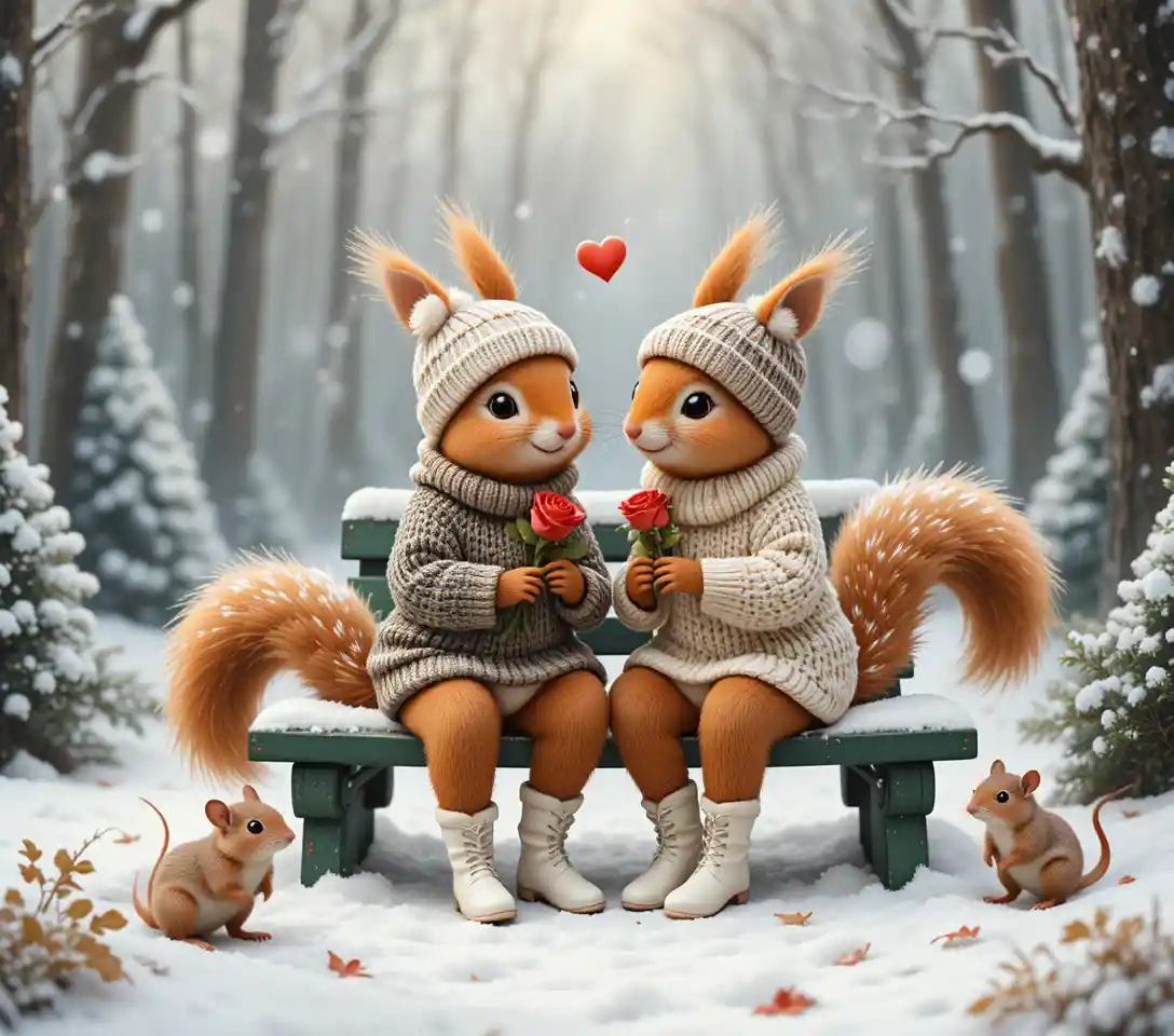Romantic squirrels on a snowy forest bench in winter